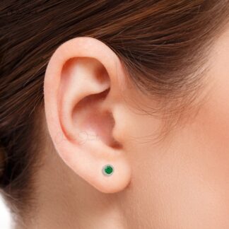 Solid 14k Gold Natural Emerald Earrings Studs With Diamond Halo
