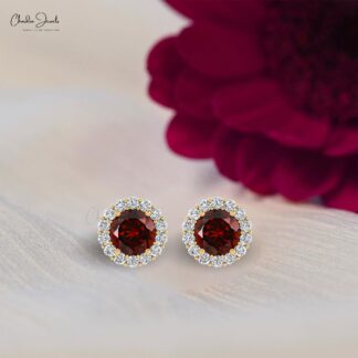 Natural 4mm Round Cut Garnet And Diamond Halo Earrings