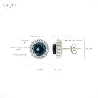 Halo Diamond Push Back Studs In 14k Solid Gold London Blue Topaz Minimal Earrings For Her