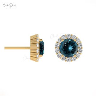 Halo Diamond Push Back Studs In 14k Solid Gold London Blue Topaz Minimal Earrings For Her