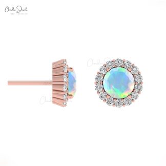 Natural Fire Opal Wedding Earrings In 14k Pure Gold Halo Diamond Push Back Studs For Her