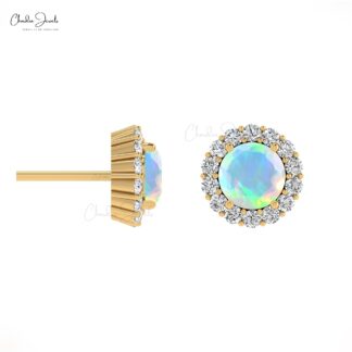 Natural Fire Opal Wedding Earrings In 14k Pure Gold Halo Diamond Push Back Studs For Her