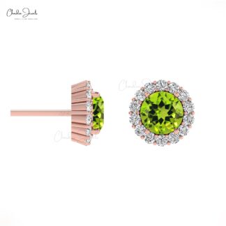 Delicate Peridot Round Earring With Halo Diamond 14k Solid Gold August Birthstone Studs