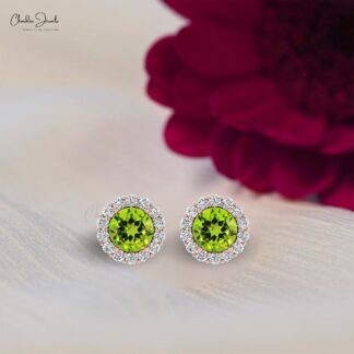 Delicate Peridot Round Earring With Halo Diamond 14k Solid Gold August Birthstone Studs