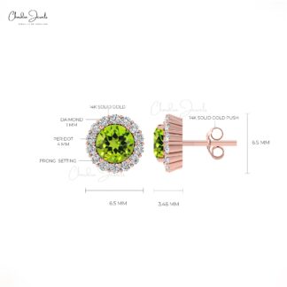 Delicate Peridot Round Earring With Halo Diamond 14k Solid Gold August Birthstone Studs
