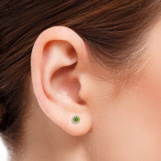 Delicate Peridot Round Earring With Halo Diamond 14k Solid Gold August Birthstone Studs