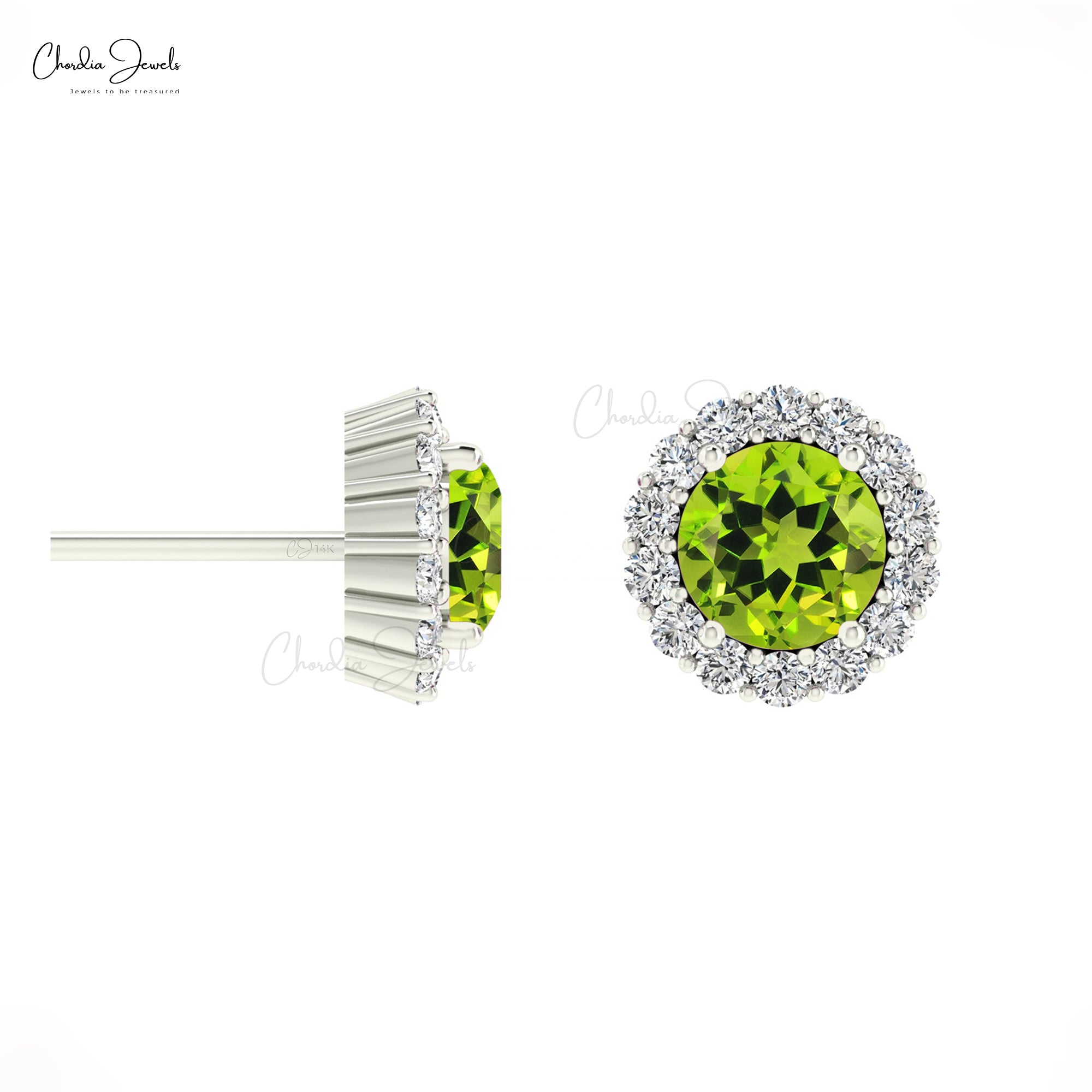 Delicate Peridot Round Earring With Halo Diamond 14k Solid Gold August Birthstone Studs