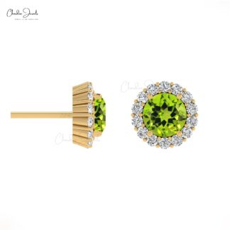 Delicate Peridot Round Earring With Halo Diamond 14k Solid Gold August Birthstone Studs