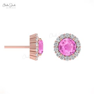 Diamond Circle Earrings With 4mm Pink Sapphire Prong Set In 14k Pure Gold Halo Studs
