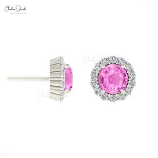 Diamond Circle Earrings With 4mm Pink Sapphire Prong Set In 14k Pure Gold Halo Studs