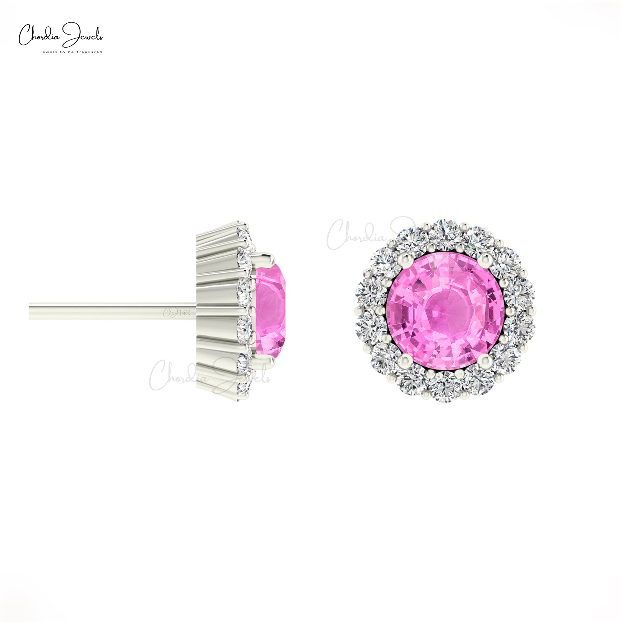 Diamond Circle Earrings With 4mm Pink Sapphire Prong Set In 14k Pure Gold Halo Studs