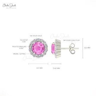 Diamond Circle Earrings With 4mm Pink Sapphire Prong Set In 14k Pure Gold Halo Studs