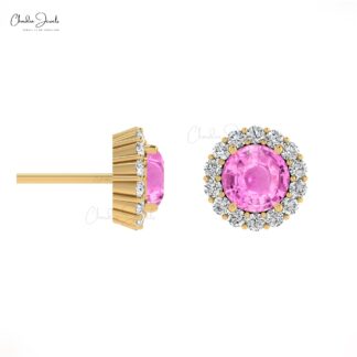 Diamond Circle Earrings With 4mm Pink Sapphire Prong Set In 14k Pure Gold Halo Studs