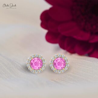 Diamond Circle Earrings With 4mm Pink Sapphire Prong Set In 14k Pure Gold Halo Studs