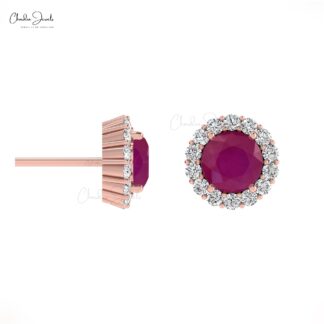 Prong Set 0.46Ct Red Ruby And Diamond Halo Earrings in Real 14k Gold Jewelry