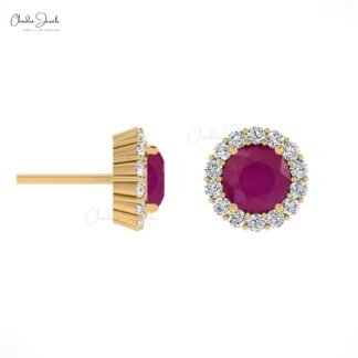 Prong Set 0.46Ct Red Ruby And Diamond Halo Earrings in Real 14k Gold Jewelry