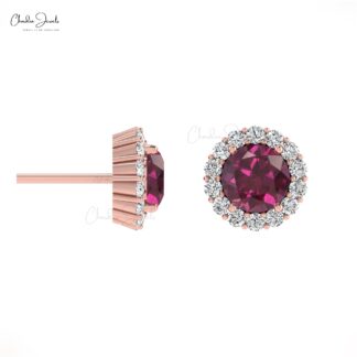 Dainty Halo Diamond Studs In 14k Solid Gold Rhodolite Garnet 4mm Gemstone Bridal Earrings