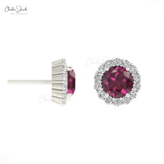 Dainty Halo Diamond Studs In 14k Solid Gold Rhodolite Garnet 4mm Gemstone Bridal Earrings