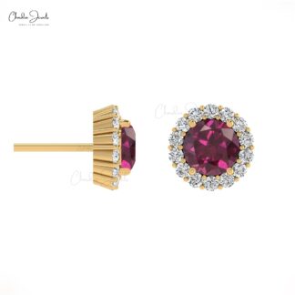 Dainty Halo Diamond Studs In 14k Solid Gold Rhodolite Garnet 4mm Gemstone Bridal Earrings