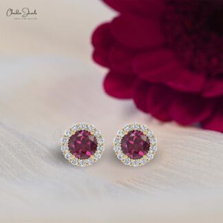 Dainty Halo Diamond Studs In 14k Solid Gold Rhodolite Garnet 4mm Gemstone Bridal Earrings