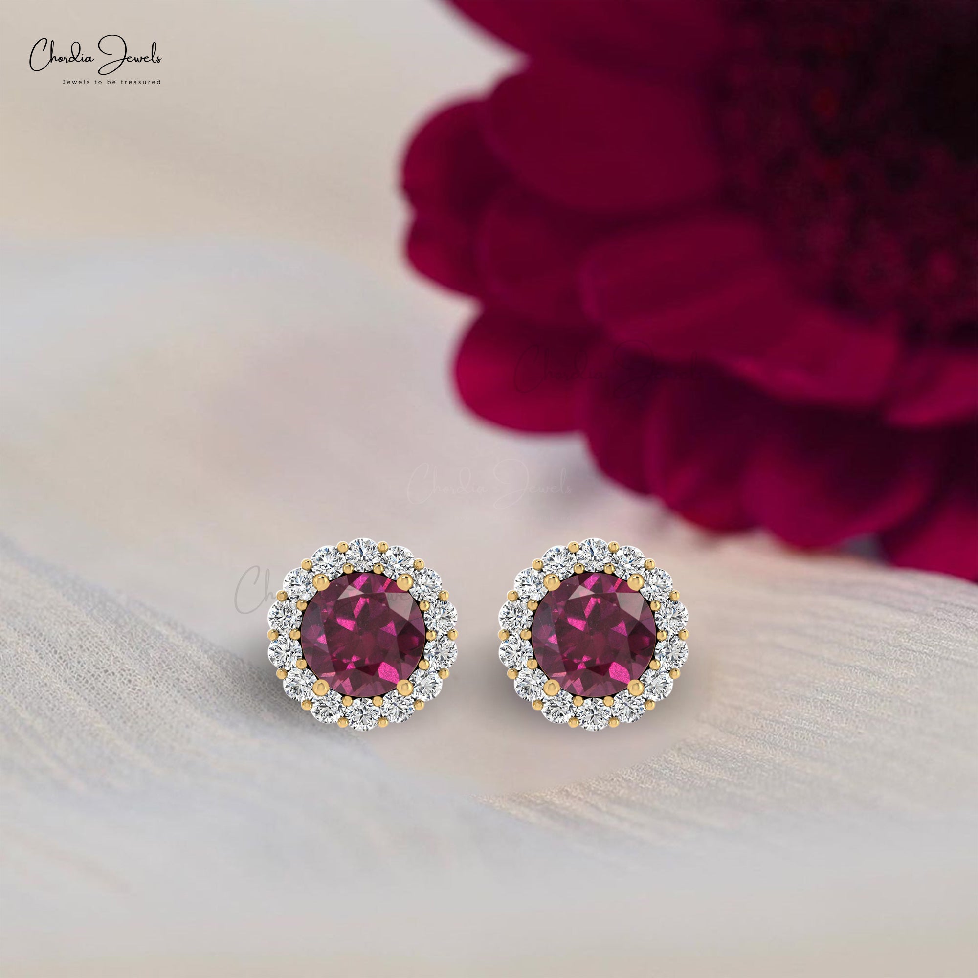 Dainty Halo Diamond Studs In 14k Solid Gold Rhodolite Garnet 4mm Gemstone Bridal Earrings