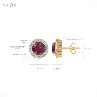 Dainty Halo Diamond Studs In 14k Solid Gold Rhodolite Garnet 4mm Gemstone Bridal Earrings