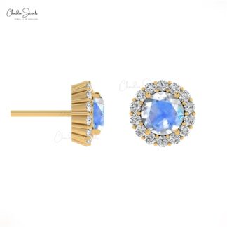 Halo Rainbow Moonstone Stud In Solid 14k Gold Small Diamond Push Back Earrings For Her