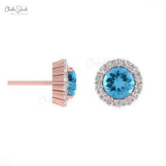 Unique 4mm Swiss Blue Topaz Halo Stud Earring For Women
