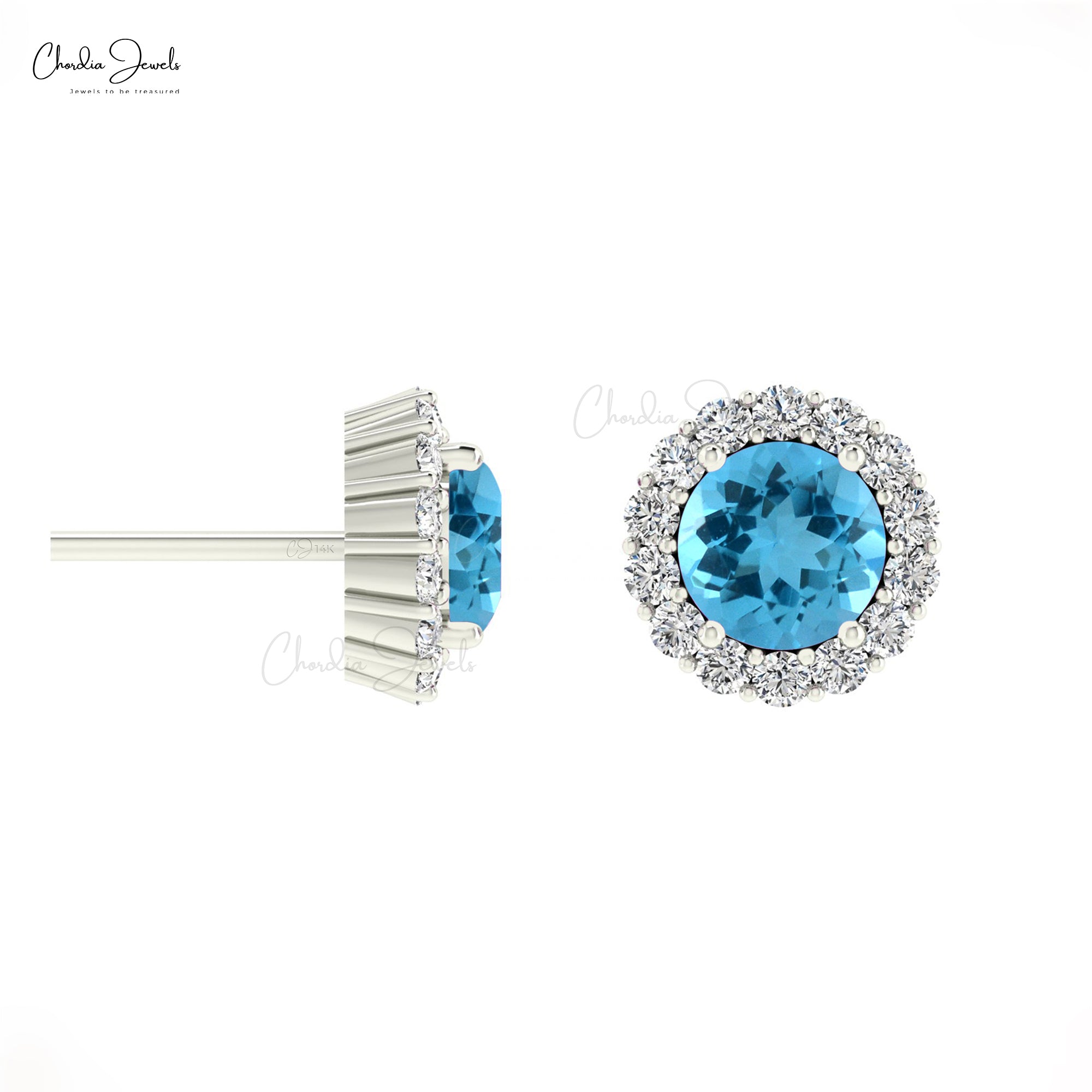 Unique 4mm Swiss Blue Topaz Halo Stud Earring For Women