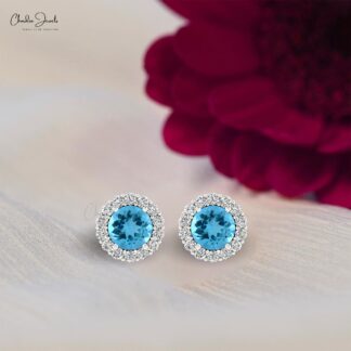 Unique 4mm Swiss Blue Topaz Halo Stud Earring For Women