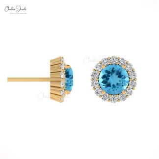 Unique 4mm Swiss Blue Topaz Halo Stud Earring For Women