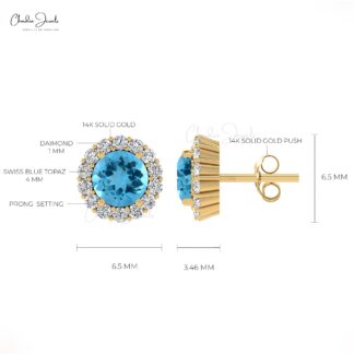 Unique 4mm Swiss Blue Topaz Halo Stud Earring For Women