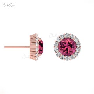Halo Minimalist Earring With 4mm Pink Tourmaline And G-H Diamond 14k Real Gold Studs