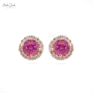 Round Pink Tourmaline Halo Stud In 14k Pure Gold Pave Diamond Fine Jewelry For Women