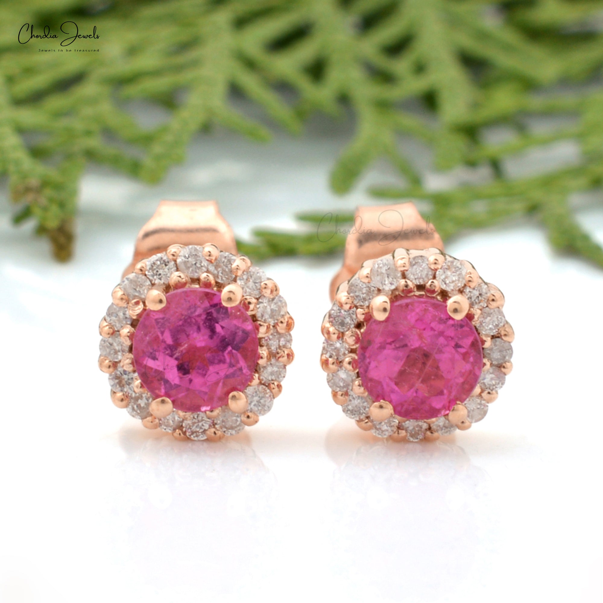 Round Pink Tourmaline Halo Stud In 14k Pure Gold Pave Diamond Fine Jewelry For Women