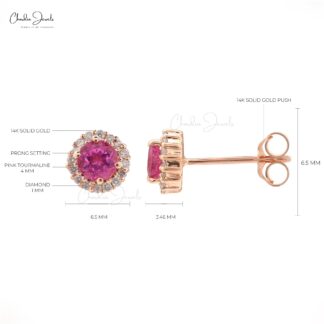 Round Pink Tourmaline Halo Stud In 14k Pure Gold Pave Diamond Fine Jewelry For Women
