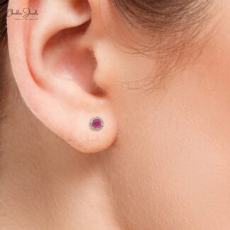 Round Pink Tourmaline Halo Stud In 14k Pure Gold Pave Diamond Fine Jewelry For Women