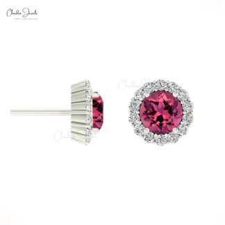 Halo Minimalist Earring With 4mm Pink Tourmaline And G-H Diamond 14k Real Gold Studs