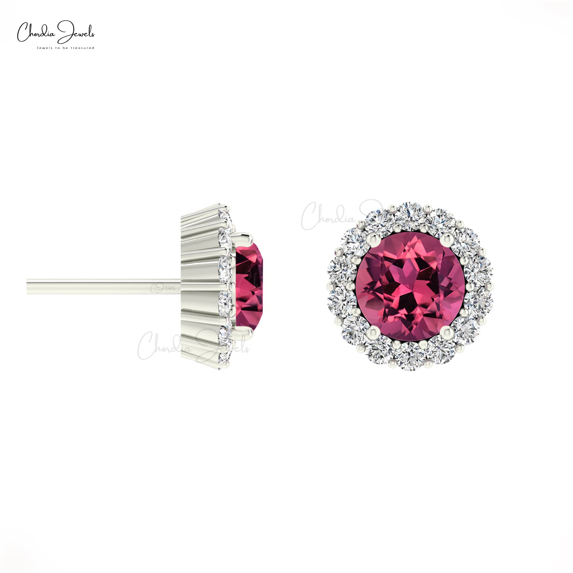 Halo Minimalist Earring With 4mm Pink Tourmaline And G-H Diamond 14k Real Gold Studs