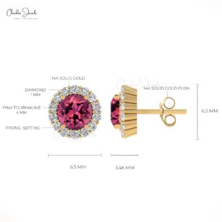 Halo Minimalist Earring With 4mm Pink Tourmaline And G-H Diamond 14k Real Gold Studs