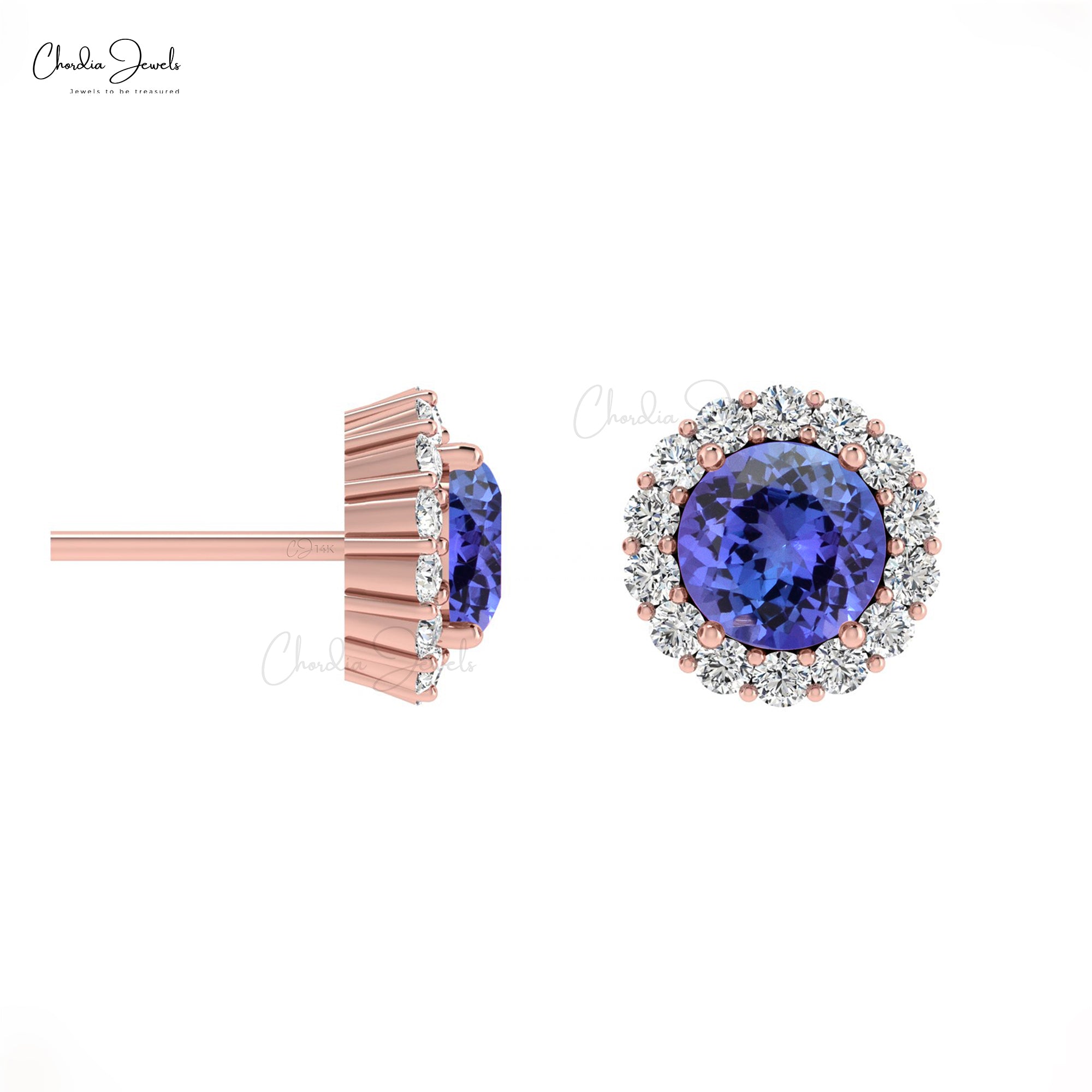 Tanzanite and Diamond Halo Earrings in 14k Solid Gold 0.54ct Round-Cut Birthstone Studs For Her