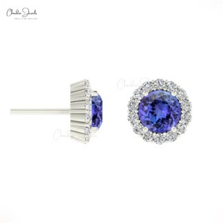 Tanzanite and Diamond Halo Earrings in 14k Solid Gold 0.54ct Round-Cut Birthstone Studs For Her