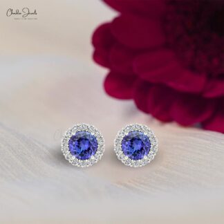 Tanzanite and Diamond Halo Earrings in 14k Solid Gold 0.54ct Round-Cut Birthstone Studs For Her