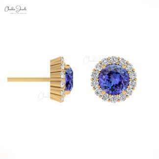 Tanzanite and Diamond Halo Earrings in 14k Solid Gold 0.54ct Round-Cut Birthstone Studs For Her