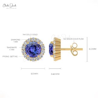 Tanzanite and Diamond Halo Earrings in 14k Solid Gold 0.54ct Round-Cut Birthstone Studs For Her