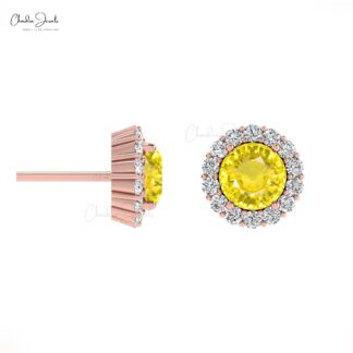 AAA Yellow Sapphire Halo Studs In 14k Real Gold G-H Diamond Push Back Handmade Earrings