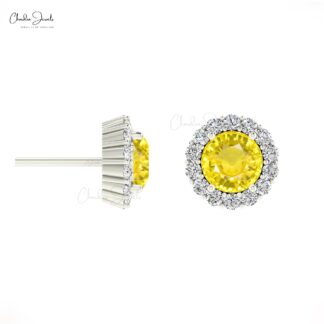 AAA Yellow Sapphire Halo Studs In 14k Real Gold G-H Diamond Push Back Handmade Earrings