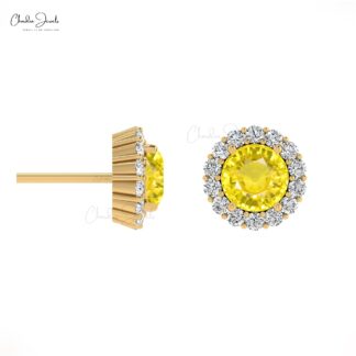 AAA Yellow Sapphire Halo Studs In 14k Real Gold G-H Diamond Push Back Handmade Earrings