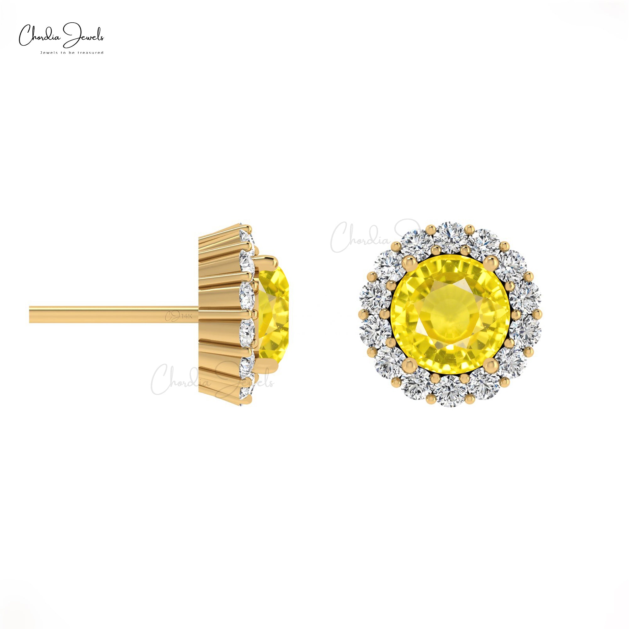 AAA Yellow Sapphire Halo Studs In 14k Real Gold G-H Diamond Push Back Handmade Earrings