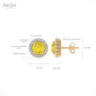AAA Yellow Sapphire Halo Studs In 14k Real Gold G-H Diamond Push Back Handmade Earrings